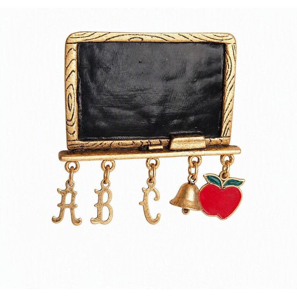VTG Gold Tone Metal Enamel Teacher School ABC Apple Bell Chalk Eraser Brooch
